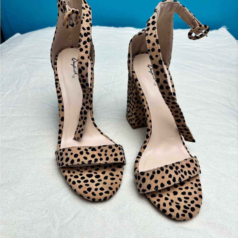 Cupid Leopard Print Block Heel Sandals - Tan and Black